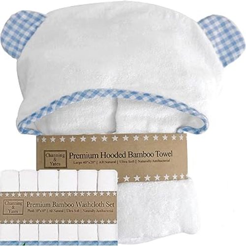 Channing & Yates Premium Hooded Baby Towel + (6 Piece) Washcloth Gift Bundle - Organic Viscose Made from Bamboo Baby Towels - (Blue Gingham Bundle)