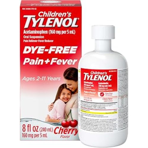 Children’s Tylenol Dye-Free Acetaminophen Oral Suspension, Cherry, 8 fl. oz | Liquid Pain Relief, Fever Reducer for Kids, Alcohol-, Paraben-, and Ibuprofen-Free, Measuring Cup for Dosing