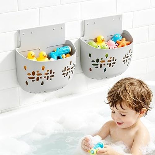 Bath Toy Storage with Suction Cup & Adhesive Hook, Silicone Bath Toy Holder