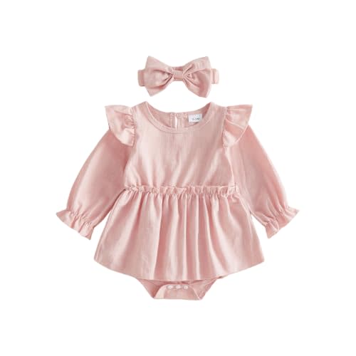 Newborn Baby Girls Fall Outfits Ruffle Smocked Bubble Romper Dresses | Boho Soild Color, Back Button Closure For Easy On And Off, Long Sleeve, Romper Dresses With Headband 2pcs Set