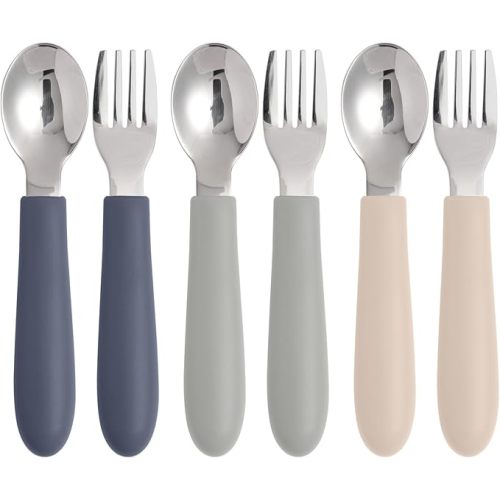 6 Pack Toddler Utensils, Kids Silverware Set with Silicone Handle, Children Safe Forks and Spoons, 18/8 Stainless Steel, Food Grade Silicone Feeding Supplies, Dishwasher Safe