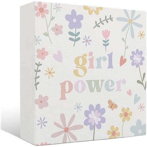 Boho Girl Power Sign - Boho Floral Wooden Box Signs, Daisy Flower Decor for Nursery Room Shelf, Baby Girl Room Decor for Nursery, 5 X 5 Inches