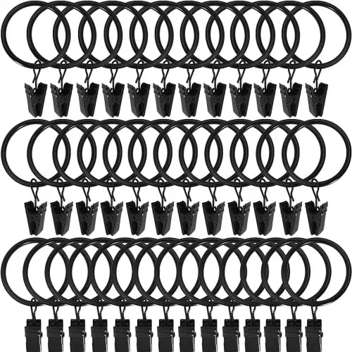 44 Pack Black Curtain Rings with Clips, Curtain Hooks Hangers Clip Rings for Hanging Drapes Bows Hat, Drapery Rings 1 in I D, Fits up to 5/8 in Diameter Curtain Rod.