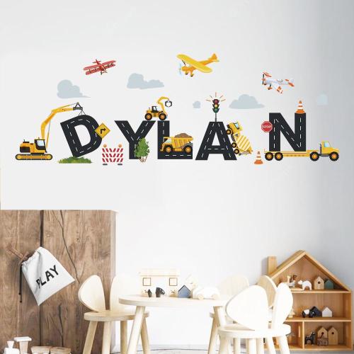 Personalized Construction Vehicles Wall Decal: Kids Room Decor