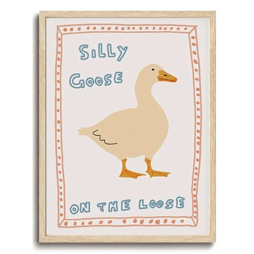 KISSFOX OAK Wood Framed Wall Art Silly Goose Wall Decor Animal Canvas Art Yellow Pictures Animal Paintings Whimsical Artwork Boho Prints For Nursery Kids Children Playroom Boys Girls