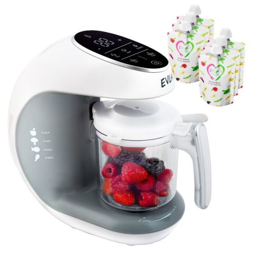 EVLA’s Baby Food Maker – White Touch Screen Machine to Blend, Grind, Steam & Cook Homemade Baby Food with 6 Reusable Pouches