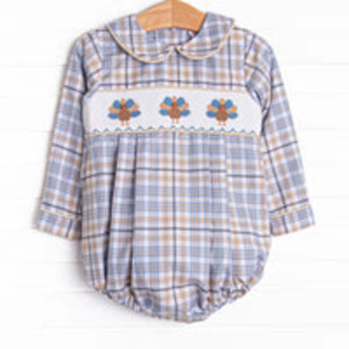 Autumn Bird Blessing Smocked Boy Bubble, Blue and Tan Plaid – Stitchy Fish