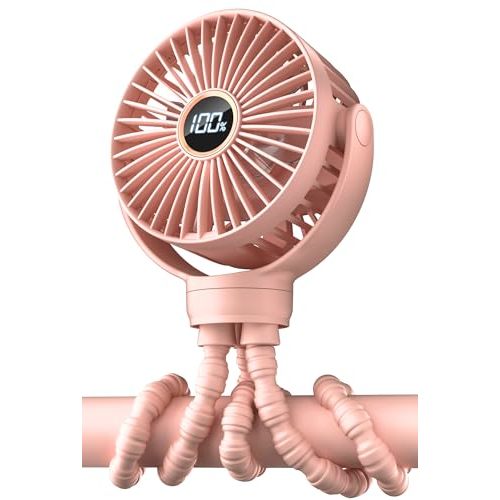 Portable Stroller Fan, Mini Baby Fans Battery Operated with LED Display | 3 Speeds, Small Clip on Fan Desk Fan USB Rechargeable, Personal Handheld Fans for Outdoor Travel, Children Gift, Pink