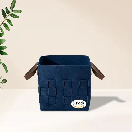 Bold monkey Storage Basket 3 Pack, Medium 10" x10" x10 " Baskets for Shelves with Leather Handle, Cube Felt Fabric Storage Box for Bedroom, Nursery, Living Room -Navy blue