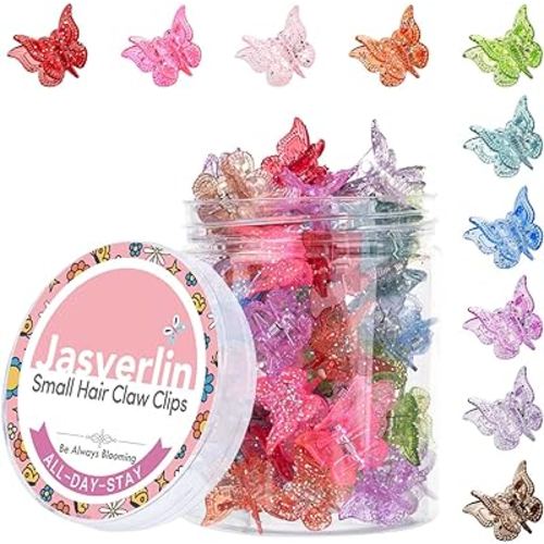 Glitter Mini Butterfly Hair Claw Clips, Sparkly Colorful Hair Accessories for Girls and Women - 90s Y2K Cute, Small, Tiny Clip in 10 Assorted Colors, Set of 50 (Glitter)