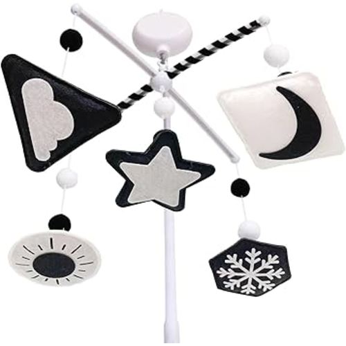 Montessori Mobile, Black and White Baby Crib Mobile, Neutral Nursery Mobile Decoration for Pack N Play, for Baby Boy & Girl, Sun, Moon, Star, Snow, Cloud with Arm & Music Box