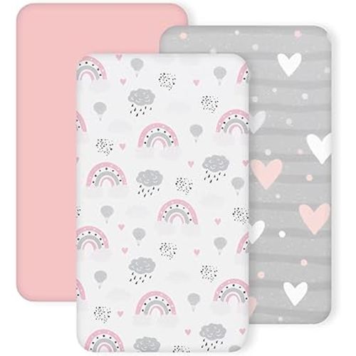3 Pack Stretchy Bassinet Sheets - Universal Fit for Rectangle, Round, Oval, Hourglass Cradles & Moses Baskets - Soft Breathable Fitted Bassinet Sheets Set for Baby - Pink & Grey Heart