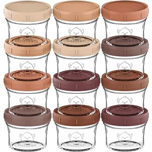 KeaBabies 12pk 4oz Glass Baby Food Containers - Leak-Proof, Microwavable Small Baby Glass Jars with Lids, Baby Food Storage Containers, Baby Snack Containers, BPA-Free Baby Food Jars (Terracotta)