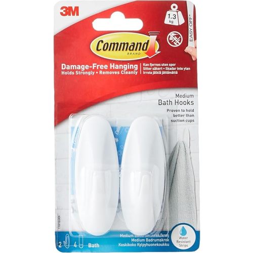 Command Designer Bath Hooks, Medium, White, 2-Hooks with Water-Resistant Strips (17081B-ES), Organize your dorm