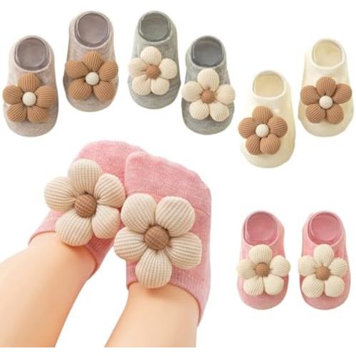WillingTee 4Packs Baby Girls Socks,Flower Non-Slip Grips for Babies Toddler Princess Low Cut Ankle Socks for Girls