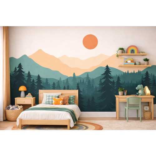 Mountain Forest Wall Decal with Sun | Peel and Stick Removable Nursery Mural | Modern Woodland Kids Room Wall Decor