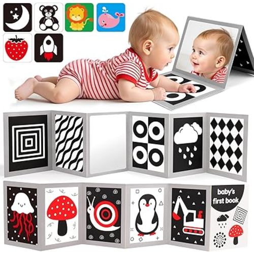 Black and White High Contrast Baby Books Flash Cards Tummy Time Mirror Toys Newborn Toys 0 3 Months Brain Development Stimulating Sensory Toy 0-3 3-6 2 4 5 Months Old Boy Girl Baby Shower Baby Gifts