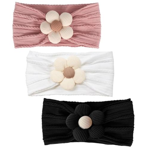 3 Pcs Baby Flower Headbands Baby Girls Nylon Headbands Soft Hairbands Hair Accessories for Newborn Infant Toddler Kids (White Black Pink)