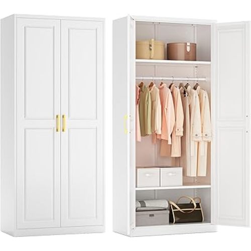 Metal Armoire Wardrobe Closet with Doors and Shelves, 71" Tall Freestanding Wardrobe Cabinet for Hanging Clothes, Large Closet with Hanging Rod for Bedroom, White, Assemble Required