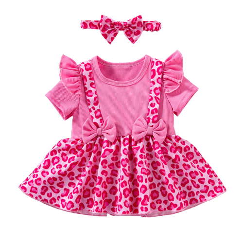 Tisuna Girl'S Romper Dress Leopard Print Short Sleeve Crew Neck Jumpsuit Stylish Cute Baby Girls Summer Pullover Dresses With Headband Size 3-6 Months