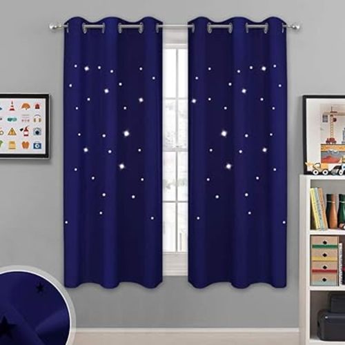 NICETOWN Blackout Curtains for Bedroom, Star Cutout Theme Window Treatments, Light Blocking Curtains & Drapes for Kids Room/Thanksgiving (42W X 63L, 1 Set, Navy Blue)
