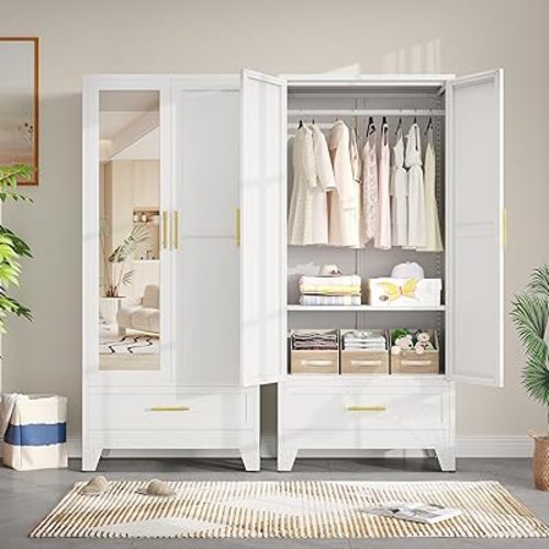 Metal Wardrobe Storage Cabinet with Mirror and Hanging Rod,71'' Metal Clothing Cabinet with 2 Doors and 2 Adjustable Shelves for Bedroom, Laundry Room, Cloak Room (White)