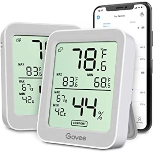 Govee Indoor Hygrometer Thermometer 2 Pack, Humidity Temperature Gauge with Large LCD Display, Notification Alert with Max Min Records, 2 Years Data Storage Export for Room Greenhouse, Grey