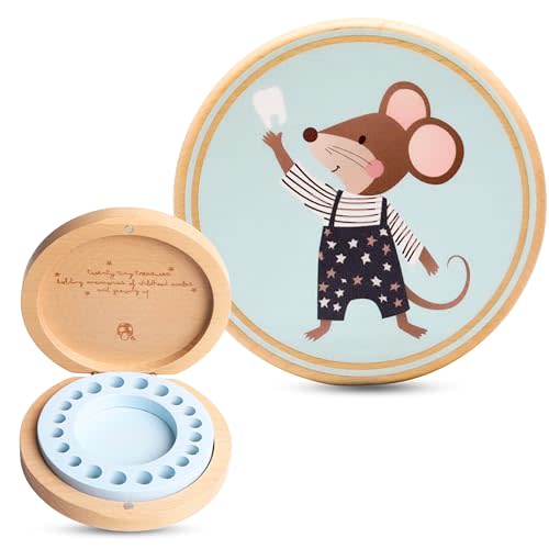 Baby Tooth Keepsake Box – Wooden Beechwood Tooth Fairy Holder & Memory Capsule for First Tooth, Curl & Umbilical Cord – Unisex Boys & Girls Shower Gift Registry Must-Have (Blue)