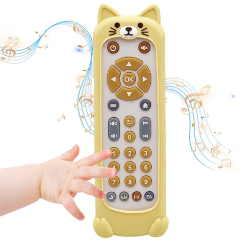 Soft Silicone Musical Teething Toys for Toddlers, Babies, Boys, Girls, 6-12 Months Baby Remote Control Shape Molar Teether Chew Toys Set Gift (Cat)