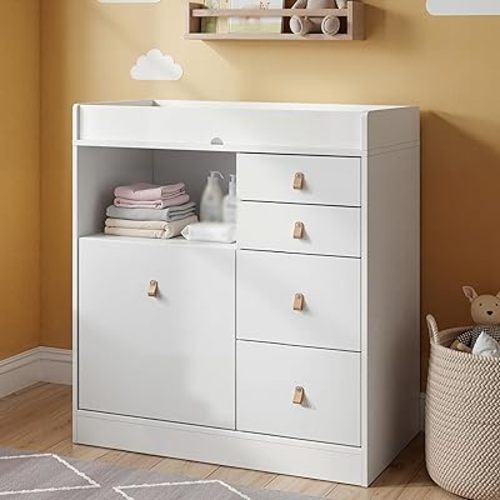 Baby Dresser Changing Table, Modern Nursery Dresser with Drawers, Storage Shelves, Diaper Changing Station for Nursery Room,Bedroom,Kids Room (White)