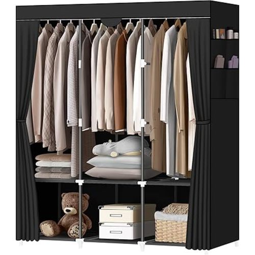 LOKEME Portable Closet, Portable Closets for Hanging Clothes with 3 Hanging Rods and 6 Storage Shelves and 4 Side Pockets, Black Wardrobe Closet Easy to Assemble and Strong and Stable