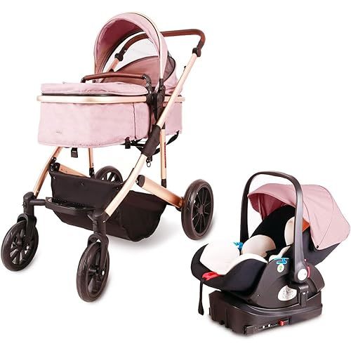 Travel System,Lightweight Baby Stroller,High Landscape Infant Pram,Aluminum Frame,with Multi-Angle Adjustment, from Birth 0 to 4 Years, 0-20 Kg(Color:Pink)