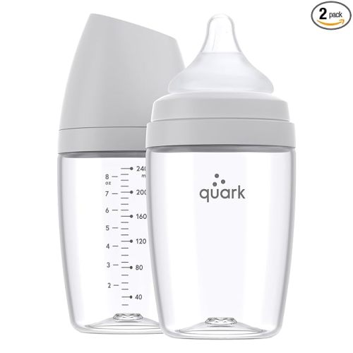 BuubiBottle Max Slow Flow Bottle for Newborn Babies by Quark - with Anti-Colic RealFeel Nipple to Simulate Breastfeeding - BPA-Free, PVC-Free, Toxin-Free - 8 Oz Bottle with Lid, 2 Pack - Gray