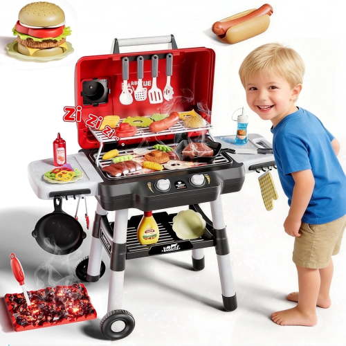 Caunedy Kids Play Kitchen Toys, BBQ Grill Playset with Smoke Sound Light, 2-Layer Barbecue Toy with Wheel, Outdoor Play Grill Toys for Toddlers 3-5