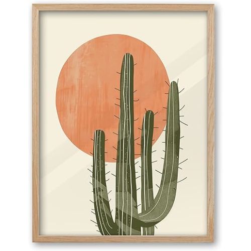 iHery Natural OAK Wood Abstract Cactus Sunset Framed Wall Art, 12x16 in Minimalist Boho Desert Vibes Canvas Wall Decor, Modern Nature Artwork Set of 1 For Bedroom Living Room Bathroom
