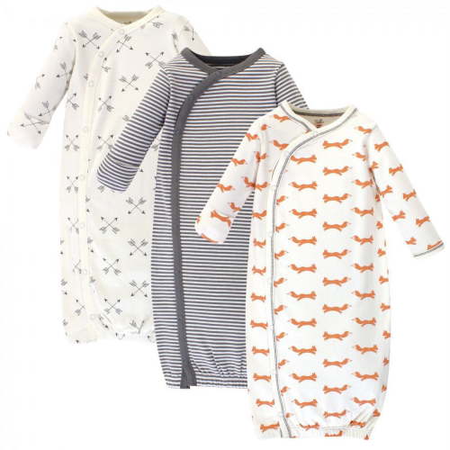 Touched by Nature Baby Organic Cotton Side-Closure Snap Long-Sleeve Gowns 3pk, Fox, 0-6 Months