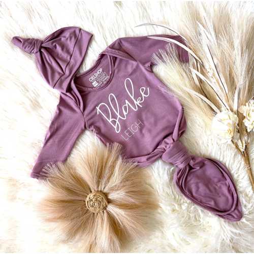 Personalized Newborn Gown with Matching Hat | Soft Bamboo Knotted Baby Sleeper| Custom Coming Home Outfit | Baby Shower Gift | Made in USA