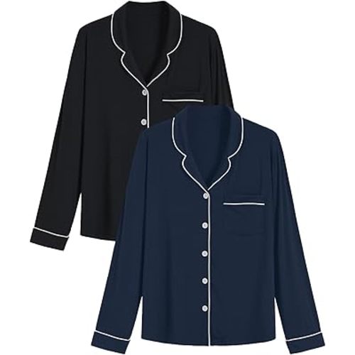 Latuza Women's 2 Pack Viscose Pajama Top Long Sleeve Button Down Shirt