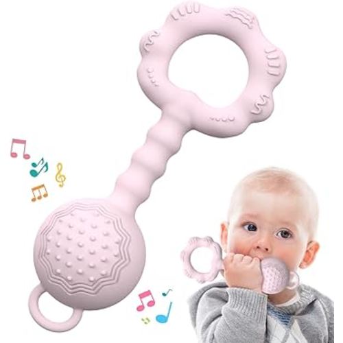 Teething Toys for Babies 6-12 Months, Baby Rattles 0-6 Months, 2-in-1 Rattle and Teether Toy for Soothing Sore Gums and Keeps Little Ones Entertained, Food Grade Silicone, Pink