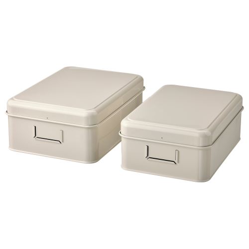 PLOGFÅRA Storage box with lid, set of 2 - light beige