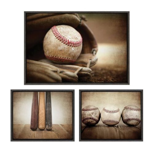 Kate & Laurel All Things Decor (Set of 3) Sylvie Three Vintage Bats Baseball Glove at Home Plate Wall Art Set by Saint and Sailor Studios