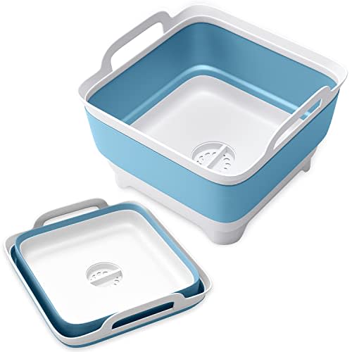 Vamako Collapsible Wash Basin with Drain Plug - 2.4 Gal(9L) Wash Basin for Baby Bottles, Foldable Dish Pans for Kitchen Sink & Camping & Hand Washing Station, Wash Bin, Laundry Tub, Portable Dish Tub