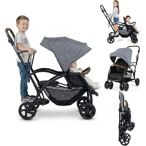 INFANS Sit and Stand Double Stroller, Foldable Tandem with Standing Platform Reclining Backrest, Adjustable Handlebar and Footrest, Storage Basket 5-Point Harnesses, Baby Pushchair for Toddlers