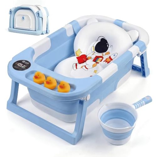 Collapsible Baby Bathtub for Newborn Infant Girl & Boy 0-24 Months, Foldable Portable Bathtub with Thermometer, Heat Sensor, Drain Plug, Water Scoop, Cushion Pillow, Compact Travel Bath Tub for Shower