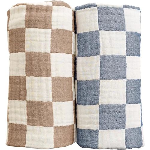 Ultra Soft Checkered Muslin Baby Blanket Pack of 2 Cotton Swaddles Bed Blankets for Babies and Toddlers Boys Newborn 42 x 42 inches (Blue and Coffee)