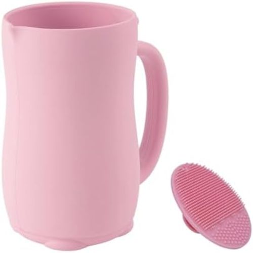 mandoo Baby Bath Rinse Cup - Food Grade Silicone - Shampoo & Body Washing Rinser Cup for Kids with Easy Grip Handle to Rinse Baby Shampoo and Soap - Baby Essentials (Pink+Brush)