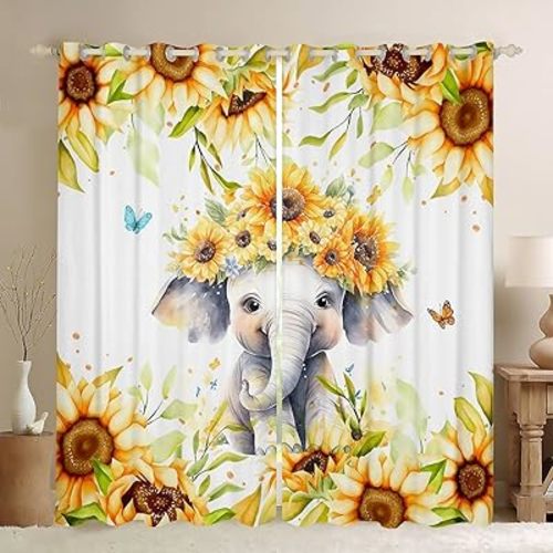 Feelyou Cute Elephant Curtains for Bedroom Living Room (2 Panels, 42 x 63 Inch) Kids Cartoon Animal Blackout Curtains Sunflower Darkening Drapes Farm Flower Floral Print Window Treatments