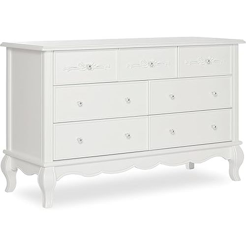 Evolur Aurora Dresser for Bedroom, Baby Dresser Organizer with 7 Spacious Drawers, Nursery Dresser with Crystal Knobs, and Queen Anne Style Feet