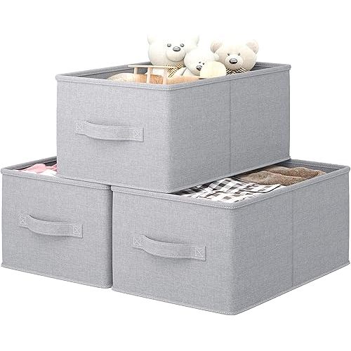 3 Pack Fabric Storage Bins for Shelves | 14.75x10.25x8.25 in Storage Baskets | Fabric Closet Organizers with Handles Home Organization | Linen Clothes Storage Bins | Light Gray