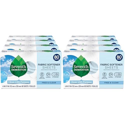 Seventh Generation Dryer Sheets Fabric Softener Free & Clear Fragrance Free 80 Sheets,(Pack of 8)